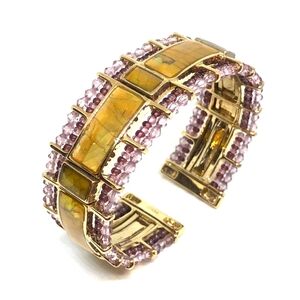 MONET Gold Tone Purple Faceted Bead and Faux Abalone Crackle Tile Cuff Bracelet